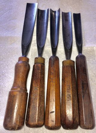 5 Antique S.  J.  Addis Cast Steel Gouge Chisels England