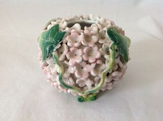 Vintage Ornate Flower Encrusted Porcelain Sphere Vase Pink Flowers Green Leaves