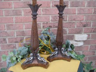 BERMAN Set of 2 TABLE LAMP FIGURAL SITTING MONKEY PALM TREE 32 
