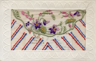 Patriotic Ribbons And Flowers: Ww1 Embroidered Silk Postcard