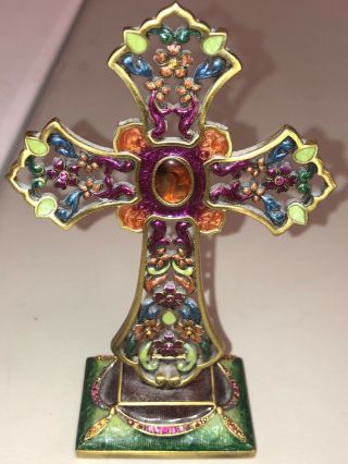 Jay Strongwater Jeweled Cross On Base 5.  5” Tall Quality Estate Find