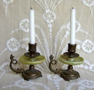 Pair Antique French Louis Xvi Gilt Bronze & Alabaster Candlesticks.