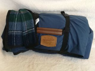 Pendleton Roll - Up Camp Blanket Carry Handle Plaid Wool Nylon Blue Usa