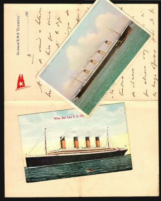 White Star Line S.  S.  Olympic - Titanic Twin 2 Postcards & On Board Paper Letter