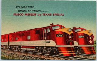 1940s Linen Train Postcard " Streamlined,  Diesel Frisco Meteor & Texas Special "
