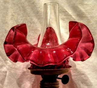 Antique Cranberry Spiral Optic Opalescent Glass Miniature Lamp Shade / Bobeche
