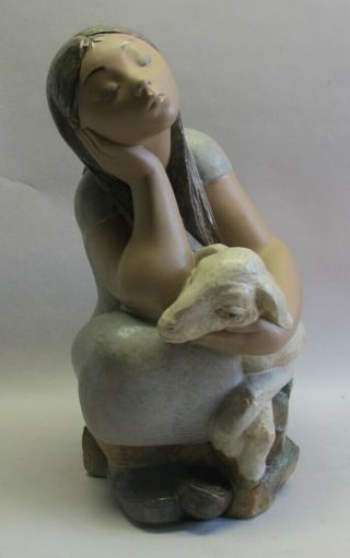 Very Large 18 " Lladro Gres Figurine Girl With Lamb C.  2005