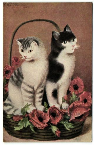 Sperlich Signed 2 Cats In Flower Basket Cute Old Artist Postcard