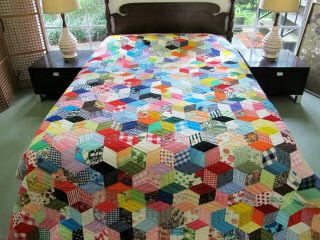 Vintage All Cotton Hand Sewn Tumbling Blocks Quilt W/ Movie Reel Novelty; Queen