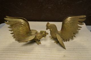 Vintage Pair Large Solid Brass Fighting Cocks Roosters Art Deco