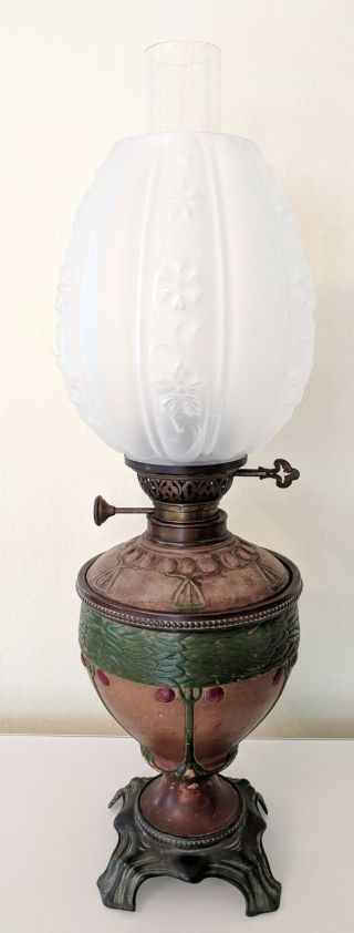 Antique Pottery Oil Lamp Gold Brenner Aesthetic Movement Arts Crafts Art Nouveau