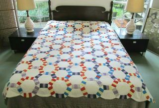 Vintage All Cotton Hand Pieced & Quilted Wedding Ring Tile Quilt; 83 " X 73 "
