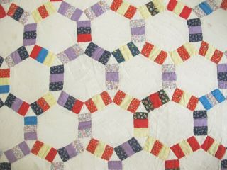 Vintage All Cotton Hand Pieced & Quilted WEDDING RING TILE Quilt; 83 