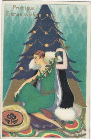 Art Deco ; Chiostri ; Woman In Green Dress,  Christmas,  1910 - 30s