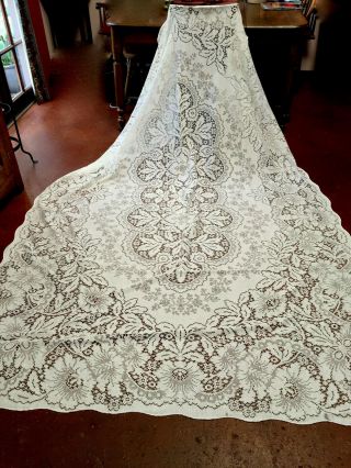 Large Vtg 100 Light Cotton Lace Off White Tablecloth Floral Motif 131 " X71 "