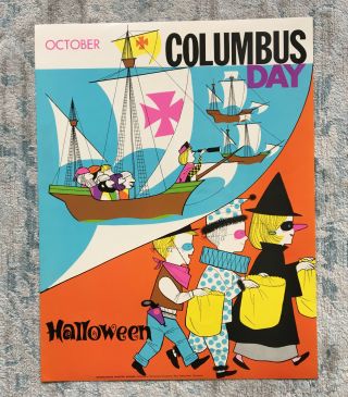 Vintage Columbus Day Halloween School Poster 1970s Classroom Decor 22x17 "