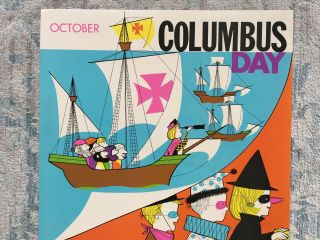 Vintage Columbus Day Halloween School Poster 1970s Classroom Decor 22x17 