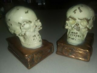 Antique Bronze - Clad Skull And Grimoire Bookends By Armor Bronze Co,  Circa 1922