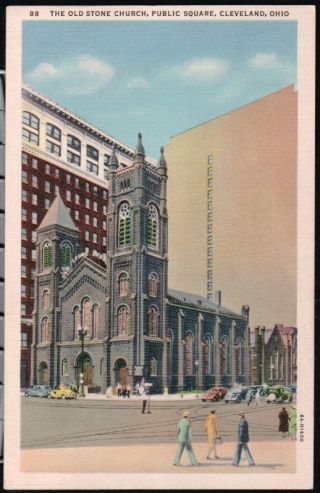 Cleveland Oh Ohio Old Stone Church Public Square Vtg Cars Postcard Old Town View