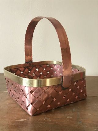 Vintage Copper And Brass Woven Basket Handmade