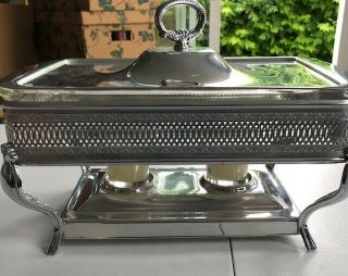 Vintage Silver Plated Chafing Buffet Casserole Dish W/Pyrex Glass Insert & Lid. 2