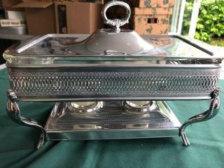 Vintage Silver Plated Chafing Buffet Casserole Dish W/Pyrex Glass Insert & Lid. 7