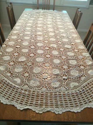 Lovely Large Vintage 1950’s Oval Hand Crocheted Table Cloth,