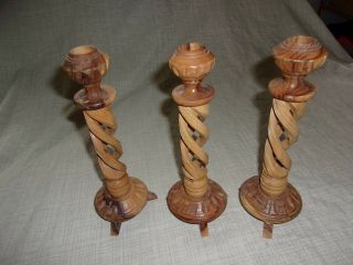 Vintage Twisted Carved Wood Taper Candle Stick Holders 8 1/2 