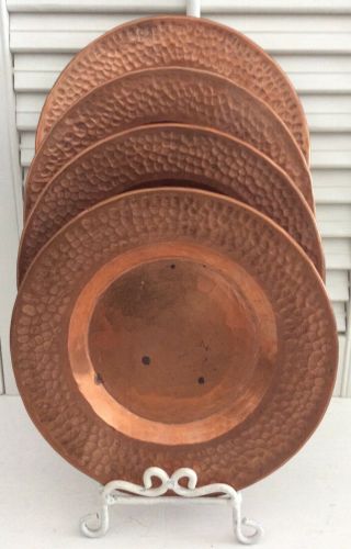 Antique Vintage 7” Hammered Copper Plates,  Set Of Four,  Indented Pattern