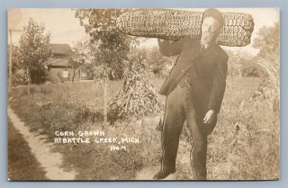 Man W/ Huge Corn Battle Creek Mi Exaggerated Antique Real Photo Postcard Rppc