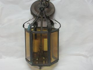 Vintage Beveled Amber Glass Brass Hanging Ceiling Porch Cottage Light Fixture