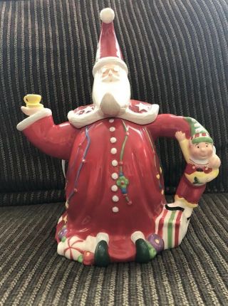 2001 Mary Engelbreit Merry Christmas Tea Pot Santa And Elves Decoration Rare