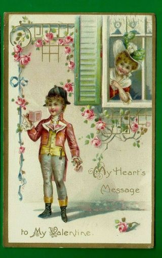 Valentine Embossed Postcard/ Boy,  Girl In Colonial Clothes/roses/gilded/tucks