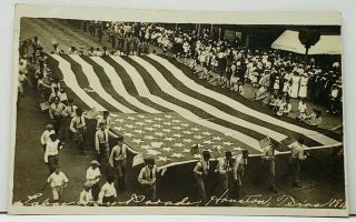 Rppc Houston Texas 1918 Labor Day Parade Huge American Flag Rare Postcard H17