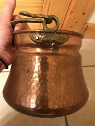 Primitive Antique Copper Pot With Brass Snakehead Swing Handle.