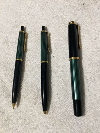 Pelikan Souveran Pen Set 3.  Fountain,  Ballpoint,  Pencil.  Green/black
