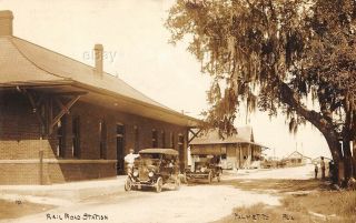 Rppc Real Photo Postcard Railroad Station Palmetto Florida Depot 1914 Train Auto
