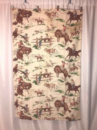 Cowboy Fabric Curtain Panel Vtg Barkcloth 32 X 50 Roping Cow Horse Western Y4