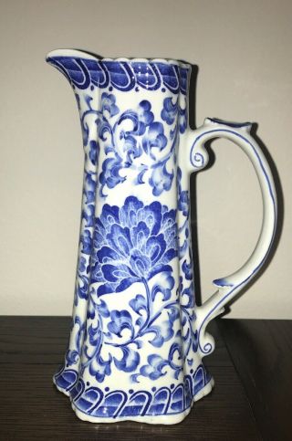 Vintage Andrea By Sadek White & Blue Floral Handled Pitcher Vase,  8¼ Inches Tall