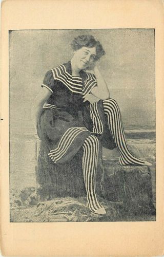C1910 Postcard Woman In Old Fashion Bathing Suit With Striped Tights Costume