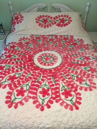 Vintage Chenille Bedspread White With Pink Flowers Loops Cutter 90 X 102