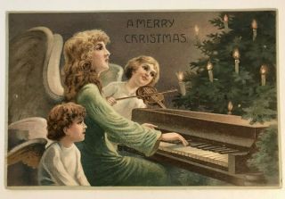 Christmas Angels Play Piano & Music Candle - Lit Tree Antique Postcard - C439
