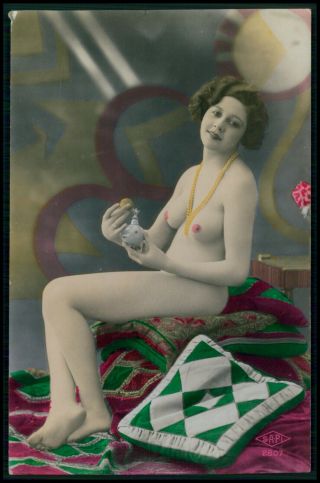 French Nude Woman Art Deco Perfume Old 1920 Tinted Color Photo Postcard