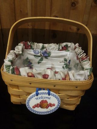 Longaberger " 1998 Welcome Basket " - Cloth Liner,  Plastic Protector And Hang Tag