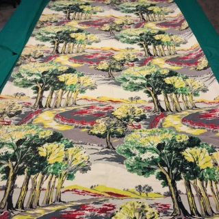 Vtg Cotton Barkcloth 2 Long Drapes Curtains 1940s - 1950s 43 X 78” 4,  Yards Trees