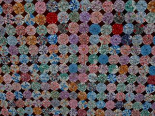 Antique Hand Stitched Yo Yo Quilt Cotton Feedsack Fabric 70” X 88” Colorful Yoyo