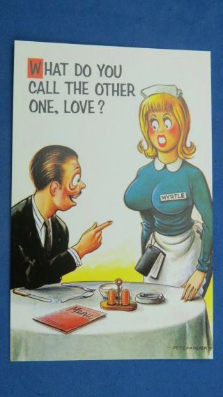 Risque Bamforth Comic Postcard 1970s Myrtle Big Boobs Waitress Restaurant Cafe