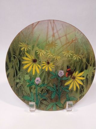 Vintage Norman Brumm Enameled Plate 8.  5 Inches Woodland Flowers With Butterfly