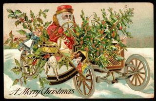 Santa Claus In Old Car W.  Tree Toys Horse 1909 Embossed Christmas Postcard - C609