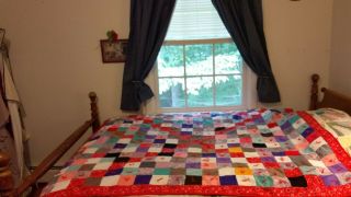 Vintage Handmade Patchwork Polyester Quilt From The 1960s.  Washable.  Hand - Tied.